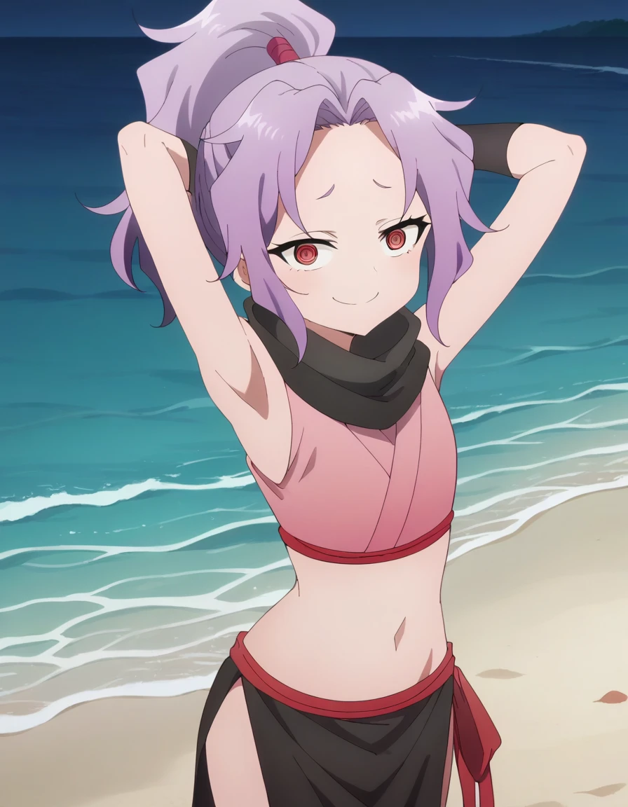 score_9, score_8_up, score_7_up, score_6_up, score_5_up, score_4_up , anime coloring, anime screencap, source_anime, anime,uncensored ,BREAKsazanka, red eyes, ponytail, purple hair, high ponytail, @ @, ringed eyes,gloves, navel, japanese clothes, sleeveless, black gloves, midriff, fingerless gloves, scarf, crop top, pelvic curtain, @ @, ninja, ringed eyes, black scarf,BREAK, high quality, solo, night sky, beach, arms behind head, contrapposto, closed mouth, spread armpits, (cowboy shot:1.5), looking at viewer, smile, best quality, puffing chest, sexy, leaning back,