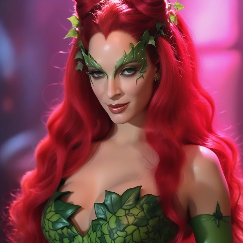 Ultra realistic extremely beautifully detailed 8k picture of 1 gorgeously cute and cool woman uma poison ivy, extremely detailed eyes mouth and facial features, gorgeous breathtaking composition and epic cinematic lighting, seductive, dominating, evil, sexy, evil smile, mesmerizing, pheromones, pink gas, red leather bodysuit, big breasts, seducing viewer