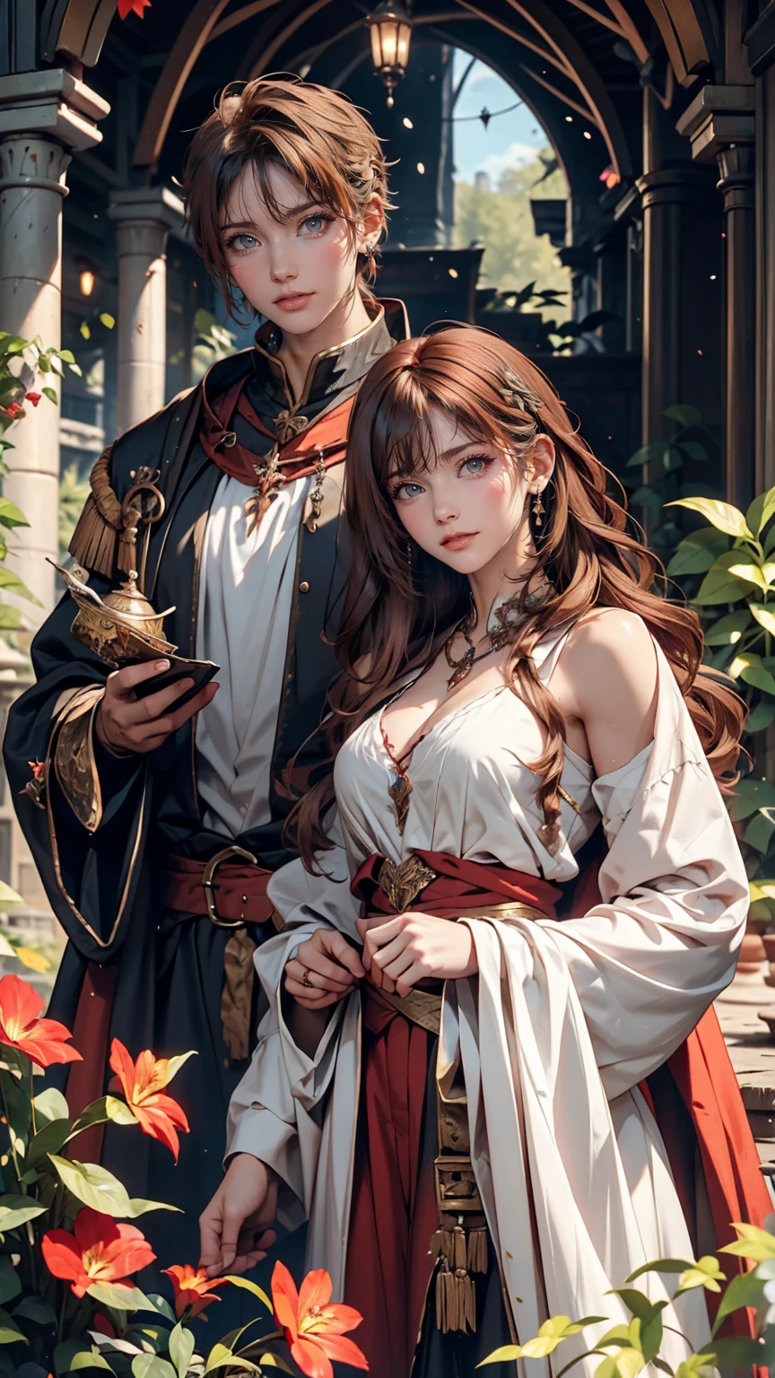 A light brown man and a red-haired woman in medieval costume pose for a painting, Like a medieval fantasy character, in the garden