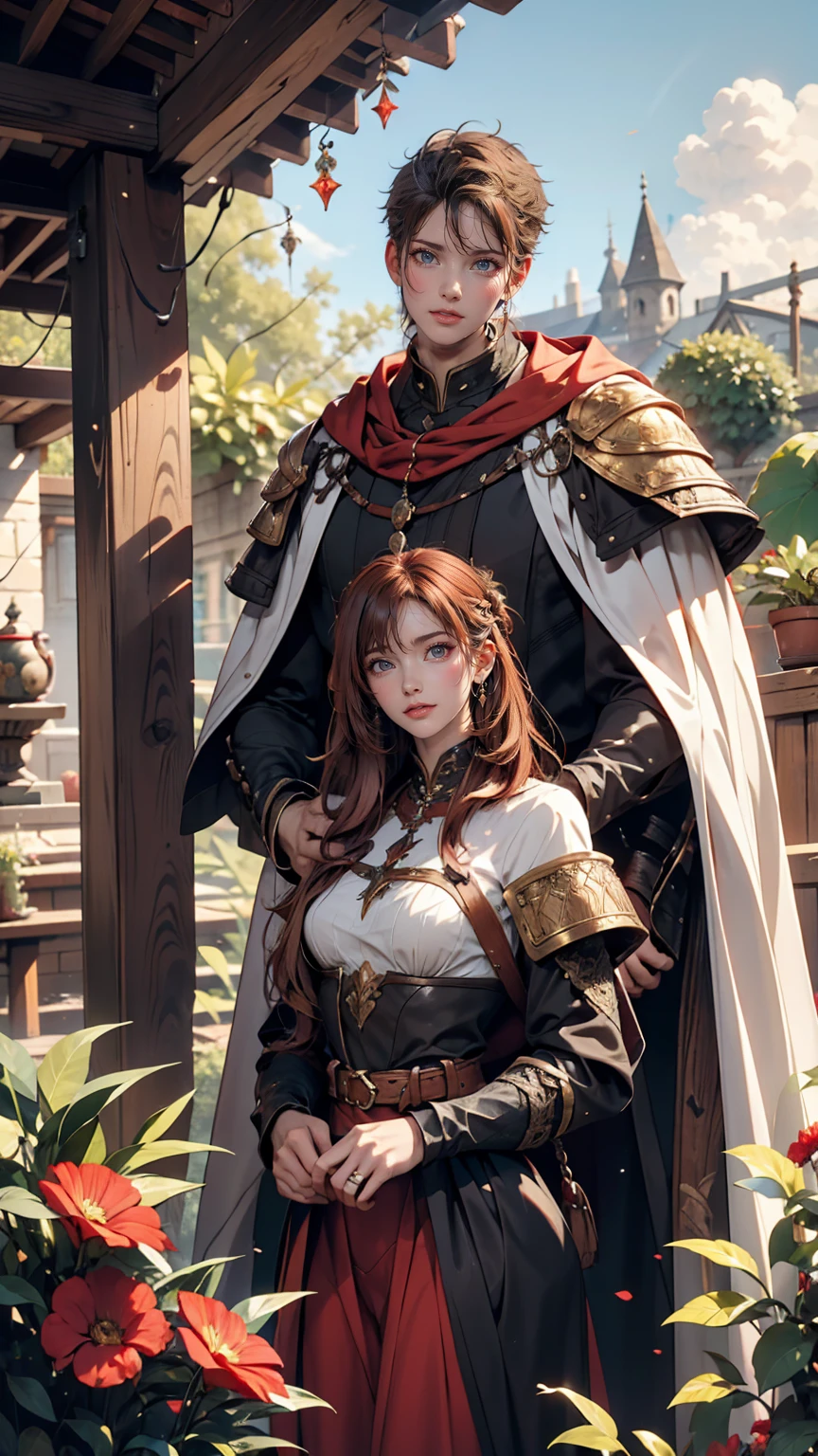 A light brown man and a red-haired woman in medieval costume pose for a painting, Like a medieval fantasy character, in the garden