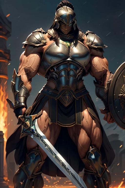 ((((Massive, tall, beautiful, buff, muscular brown skinned female spartan with black hair, ginormous bulky muscles, holding a sword and shield and wearing an all black gleaming spartan armor and pleated skirt)))), (close view), black eyeliner, massive muscles, massive biceps, hyper muscle triceps, (long straight hair), orange eyes, spartan boots, In a Roman city, steel spartan armor, armor breastplate, nighttime, confident smile, (hyper muscles arms), hyper muscle legs, (ginormous arms)