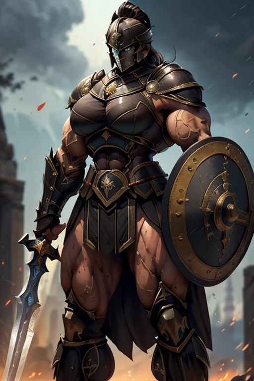 ((((Massive, tall, beautiful, buff, muscular brown skinned female spartan with black hair, ginormous bulky muscles, holding a sword and shield and wearing an all black gleaming spartan armor and pleated skirt)))), (close view), black eyeliner, massive muscles, massive biceps, hyper muscle triceps, (long straight hair), orange eyes, spartan boots, In a Roman city, steel spartan armor, armor breastplate, nighttime, confident smile, (hyper muscles arms), hyper muscle legs, (ginormous arms)