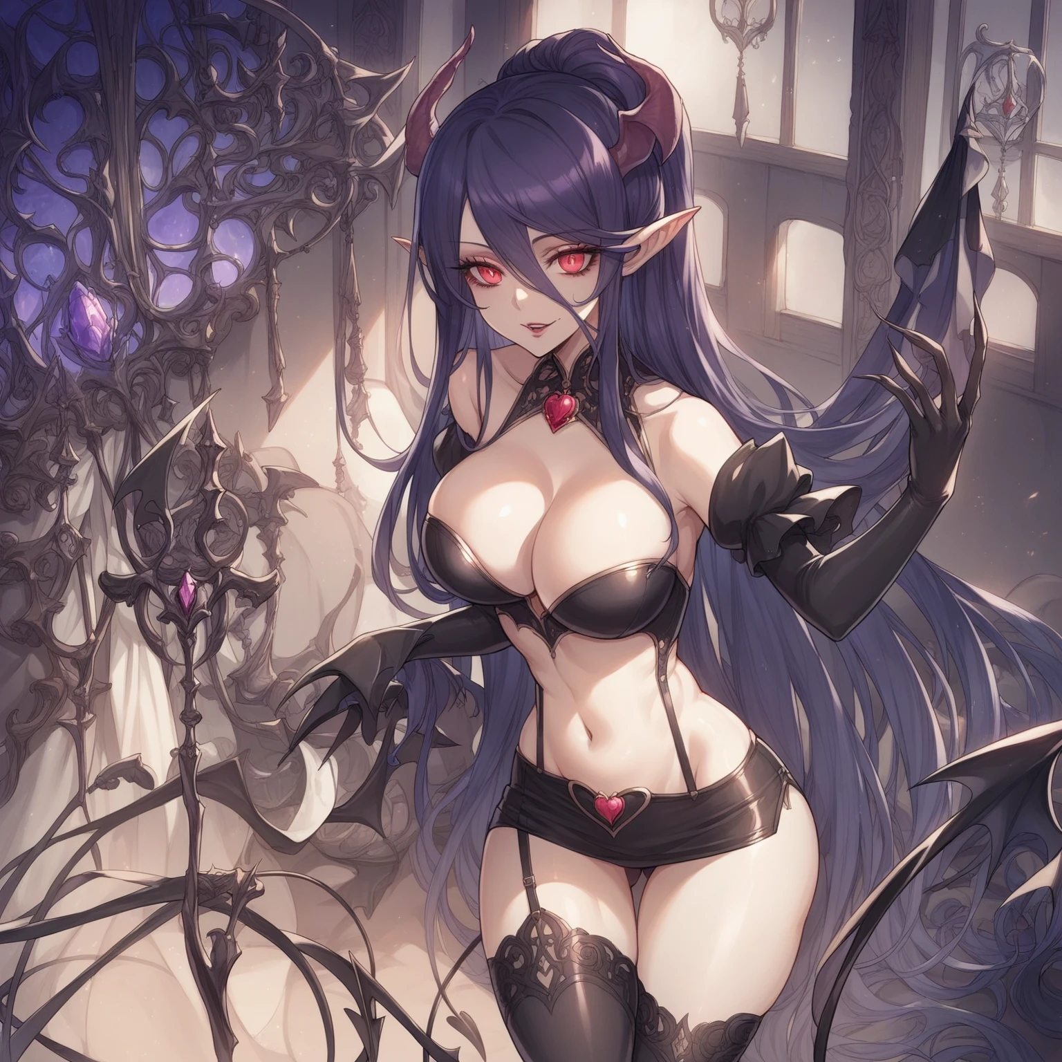 anime - style image of a sexy woman in a black outfit, beautiful Succubus, Succubus in tight short dress, Devil Anime Girl, Succubus, A beautiful and elegant demon queen, Enchanting anime girl, Gothic Maiden Anime Girl, Succubus | Medieval, 2. 5d cgi anime fantasy artwork, Devil Girl, Highly detailed art gems, 8k high quality detailed art