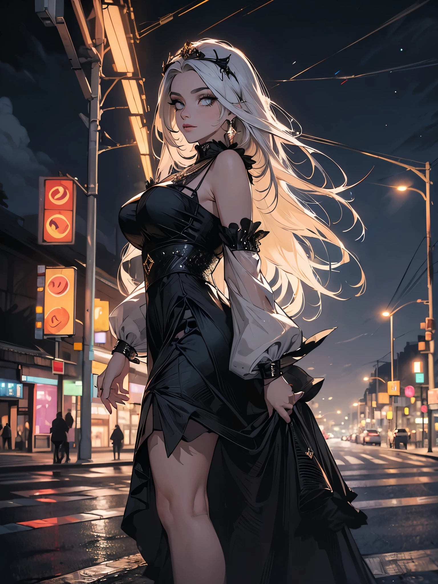linda jovem mulher, cabelo preto curto, olhos castanhos, Empress, terno de saia plissada,street lamps,neon,fundo de rua movimentada,(umbigo:1.1,olhos de princesa), Nobreza, Realeza, alta qualidade, Obra de arte, altamente detalhado, (((caminhando nas ruas a noite, as luzes dos postes parecem astigmatismo, usando roupas pretas e um longo cachecol))), corpo inteiro, de frente para o criador