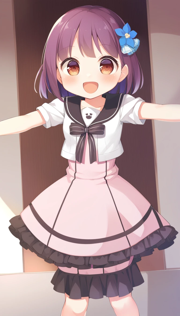 1girl, anime girl, , black hair, short hair, short twintail, pink eyes, white outfit, short skirt, shoes, white sock, long sock, full body, blank background