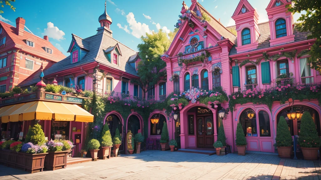 a colorful children's themed restaurant exterior,whimsical,vibrant colors,playful architecture,detailed building facade,intricate decorative elements,fun and engaging,joyful atmosphere,inviting entrance,memorable design,eye-catching signage,warm lighting,family-friendly,imaginative and creative,fantastical elements,beautiful landscaping,lush greenery,overflowing with character,magical and enchanting,best quality,8k,highres,masterpiece,ultra-detailed,realistic
