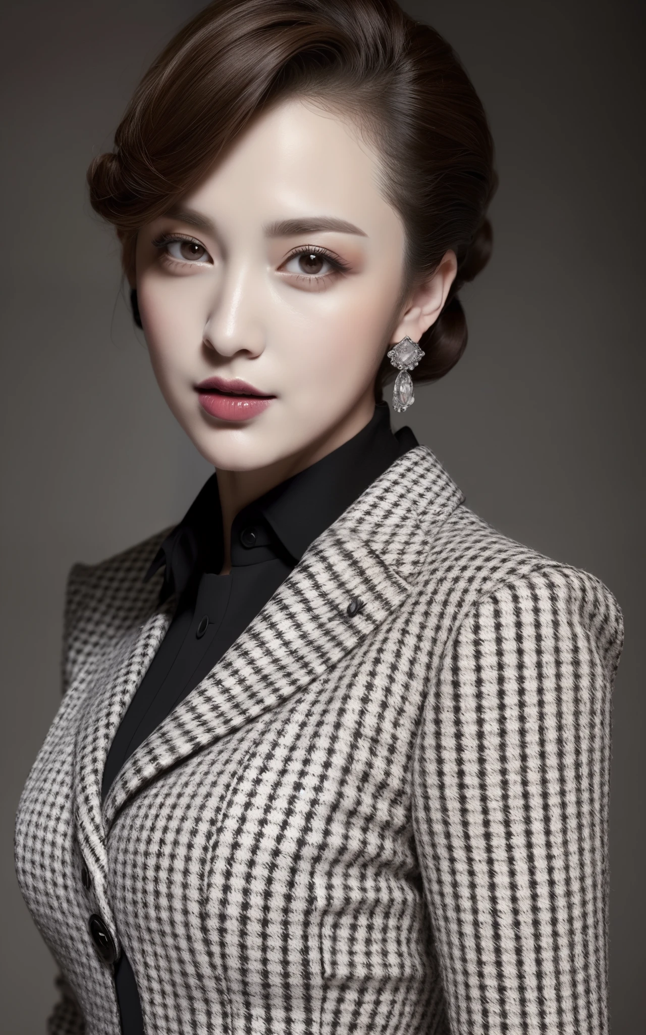 masterpiece,best quality, (1 milf), ((portrait:1.5)), makeup:1.2, houndstooth pattern blazer, elegant black shirt, updo hair:1, contrapposto, ((seduction expression)),