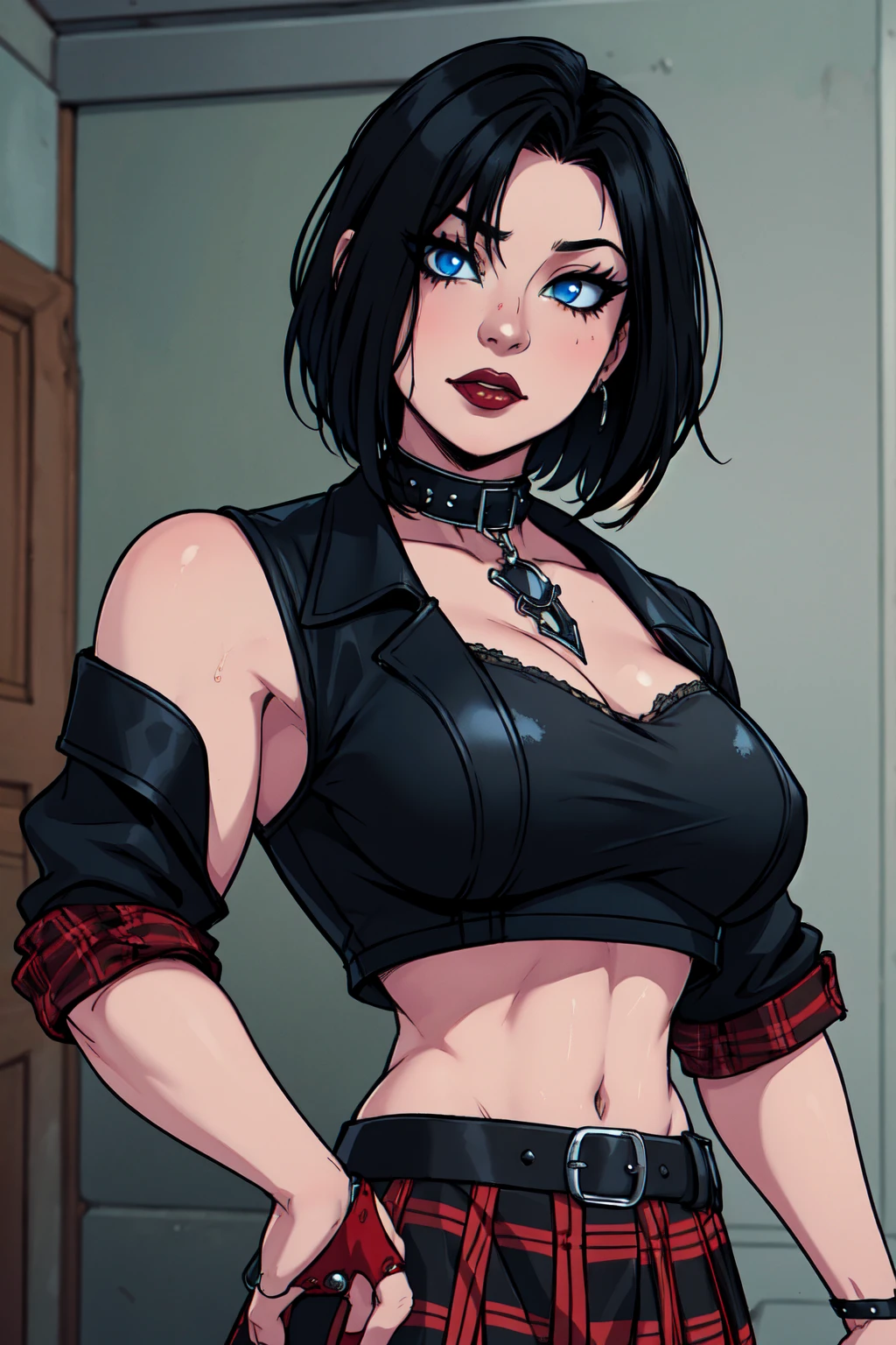 a woman with short black hair, hair on shoulders, wearing a black cropped and plaid skirt, black jacket, blue eyes, gothic art, cute aesthetic with vibe, toon aesthetic, wearing red costume, wearing gothic accessories, look like Cassie Hack, upper body,