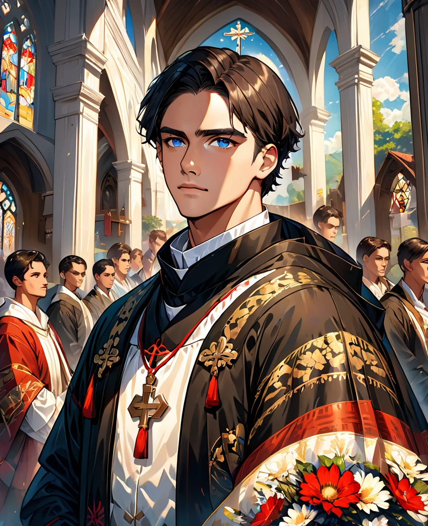 pastor masculino, Martin Luther, bata negra con detalles dorados, joven, caballero guapo, Pelo negro con pocas canas,ojos turquesa, collar con una cruz, religion, Iglesia en el fondo, dramatic lighting, film angle, Ultra High Definition, obra maestra, Muy detallado,