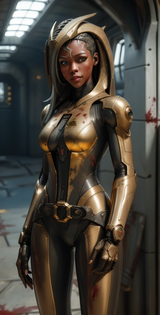 1 girl, solo, (look at viewer), ((Best quality)), ((masterpiece)), (detailed:1.4), ((upper body)), 3D, an image of a beautiful cyberpunk female,HDR (High Dynamic Range), Ray Tracing,NVIDIA RTX,Super-Resolution,Unreal 5,Subsurface scattering,PBR Texturing,Post-processing,Anisotropic Filtering,Depth-of-field,Maximum clarity and sharpness,Multi-layered textures,Albedo and Specular maps,Surface shading,Accurate simulation of light-material interaction,Perfect proportions,Octane Render,Two-tone lighting,Wide aperture,Low ISO,White balance,Rule of thirds,8K RAW, (((blood eyes))), , mechanical parts ahsoka, (dark skin:1.2), blood eyes, , medium breasts, bloodgold/black bodysuit, belt, (( bloodgold amor)) joints, body suit