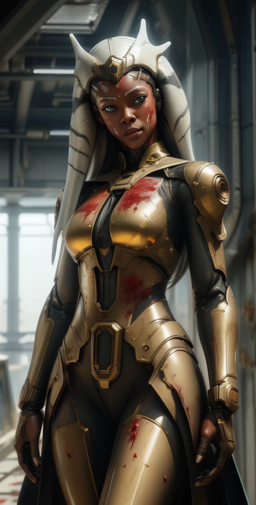 1 girl, solo, (look at viewer), ((Best quality)), ((masterpiece)), (detailed:1.4), ((upper body)), 3D, an image of a beautiful cyberpunk female,HDR (High Dynamic Range), Ray Tracing,NVIDIA RTX,Super-Resolution,Unreal 5,Subsurface scattering,PBR Texturing,Post-processing,Anisotropic Filtering,Depth-of-field,Maximum clarity and sharpness,Multi-layered textures,Albedo and Specular maps,Surface shading,Accurate simulation of light-material interaction,Perfect proportions,Octane Render,Two-tone lighting,Wide aperture,Low ISO,White balance,Rule of thirds,8K RAW, (((blood eyes))), , mechanical parts ahsoka, (dark skin:1.2), blood eyes, , medium breasts, bloodgold/black bodysuit, belt, (( bloodgold amor)) joints, body suit
