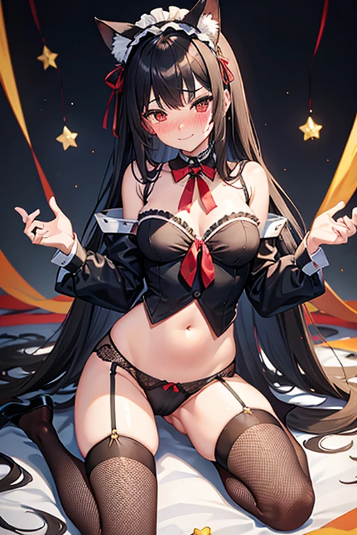 18 yeas old, girl, black hair, long hair, slim, big tits, narrow red eyes, cute, cat ears, (embarrassed,  blush:1.3), smiling, sailor uniform, ,  See-through, ribbon, fishnet, garter belt, frills, Kneesocks, high heels, blue rose, headdress, frontal, standing, spread legs, super market, crowd,