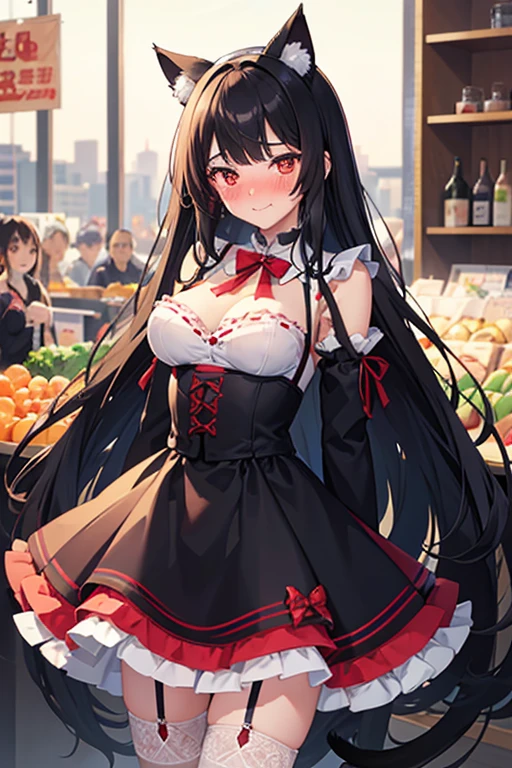 18 yeas old, girl, black hair, long hair, slim, big tits, narrow red eyes, cute, cat ears, (embarrassed,  blush:1.3), smiling, sailor uniform, ,  See-through, ribbon, fishnet, garter belt, frills, Kneesocks, high heels, blue rose, headdress, frontal, standing, spread legs, super market, crowd,