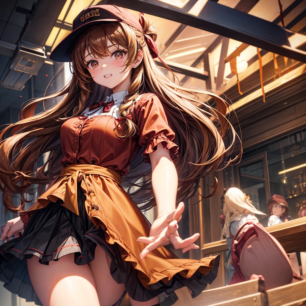 Reddish brown golden hair、Golden Eyes、Braid、One good looking girl、solo、anime、Checkered mini skirt、Ruffles on the skirt、camisole、cardigan、Black knee-high socks、Wearing a baseball cap、Wearing a ribbon、Ribbon on waist、Tilting face、Teeth are visible、Sunset sky、There&#39;s a hole in the clouds、Contrail、Cumulonimbus、Silver coin necklace、shine、From above、bell、torii、clock tower、Desert Oasis、water is gushing out、Sparks are flying、High five