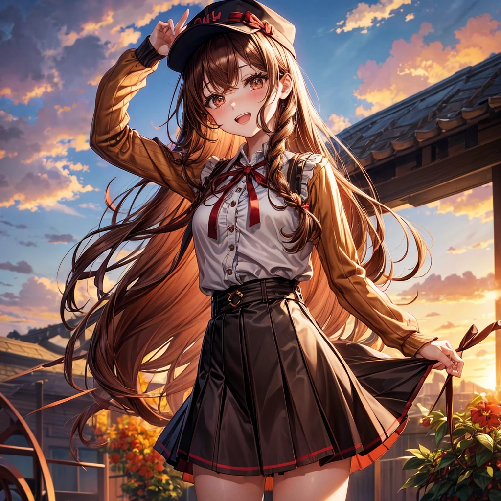 Reddish brown golden hair、Golden Eyes、Braid、One good looking girl、solo、anime、Checkered mini skirt、Ruffles on the skirt、camisole、cardigan、Black knee-high socks、Wearing a baseball cap、Wearing a ribbon、Ribbon on waist、Tilting face、Teeth are visible、Sunset sky、There's a hole in the clouds、Contrail、Cumulonimbus、Silver coin necklace、shine、From above、bell、torii、clock tower、Desert Oasis、water is gushing out、Sparks are flying、High five