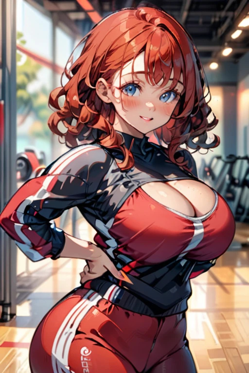 A woman with average height, with a curvy build; curly red hair; blue eyes; freckled face; soft breasts; clearly in love; wearing activewear; soft blur background, clear complexion