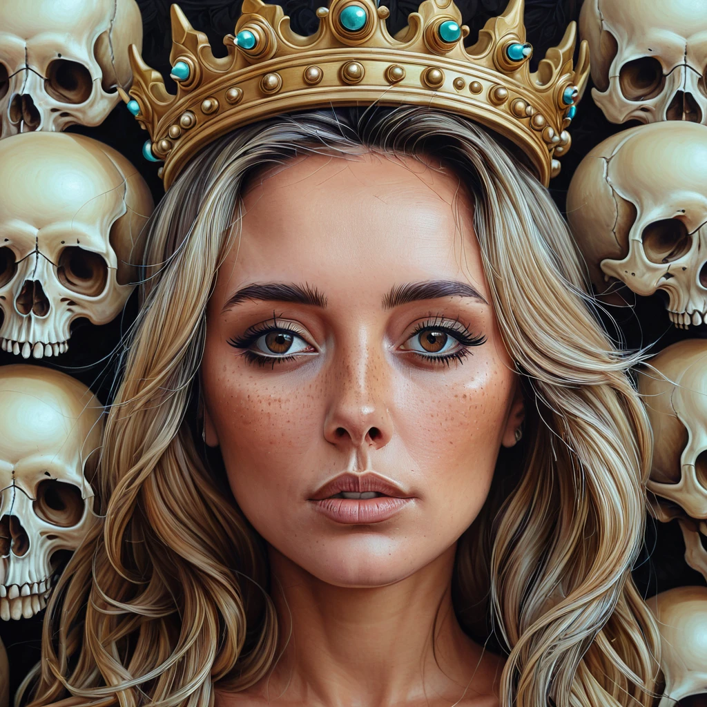 a close up of a woman with a bunch of skulls on her head, lowbrow art, lowbrow pop surrealism, pop surrealism lowbrow art style, with a crown of skulls, casey weldon, arte lowbrow style, lowbrow art style, hauntingly beautiful art, close-up portrait goddess skull, lowbrow surrealism