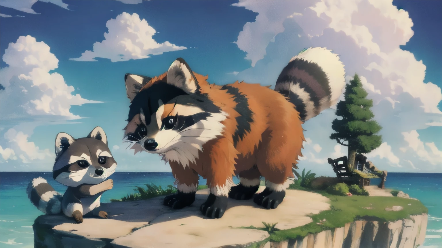 Surrealism、dream-like、 Cute raccoon、Fantasy creatures