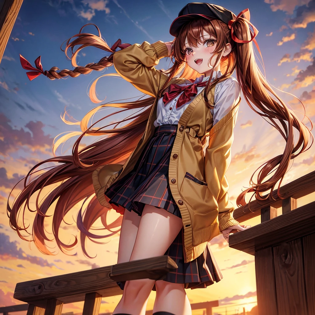 Reddish brown golden hair、Golden Eyes、Braid、One good looking girl、solo、anime、Checkered mini skirt、Ruffles on the skirt、camisole、cardigan、Black knee-high socks、Wearing a baseball cap、Wearing a ribbon、Ribbon on waist、Tilting face、Teeth are visible、Sunset sky、There's a hole in the clouds、Contrail、Cumulonimbus、Silver coin necklace、shine、From above、bell、torii、clock tower、Desert Oasis、water is gushing out、Sparks are flying、High five