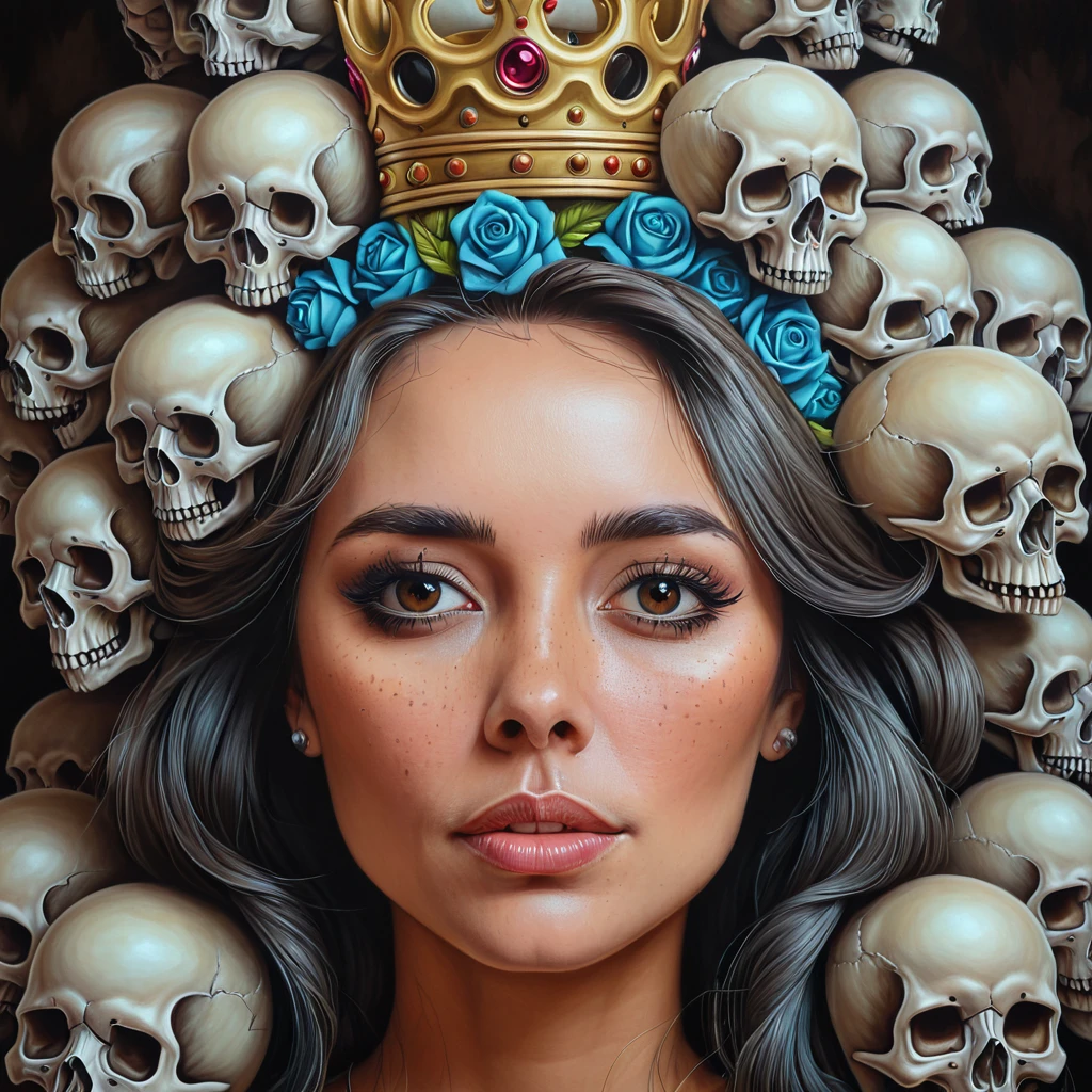 a close up of a woman with a bunch of skulls on her head, an airbrush painting by Dave Arredondo, featured on Artstation, pop surrealism, lowbrow art, lowbrow pop surrealism, pop surrealism lowbrow art style, with a crown of skulls, casey weldon, arte lowbrow style, lowbrow art style, hauntingly beautiful art