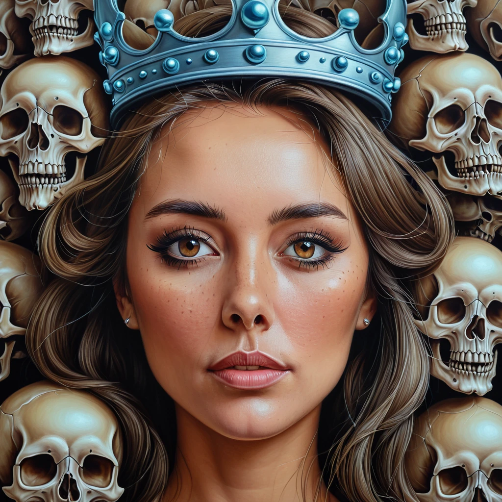 a close up of a woman with a bunch of skulls on her head, an airbrush painting by Dave Arredondo, featured on Artstation, pop surrealism, lowbrow art, lowbrow pop surrealism, pop surrealism lowbrow art style, with a crown of skulls, casey weldon, arte lowbrow style, lowbrow art style, hauntingly beautiful art