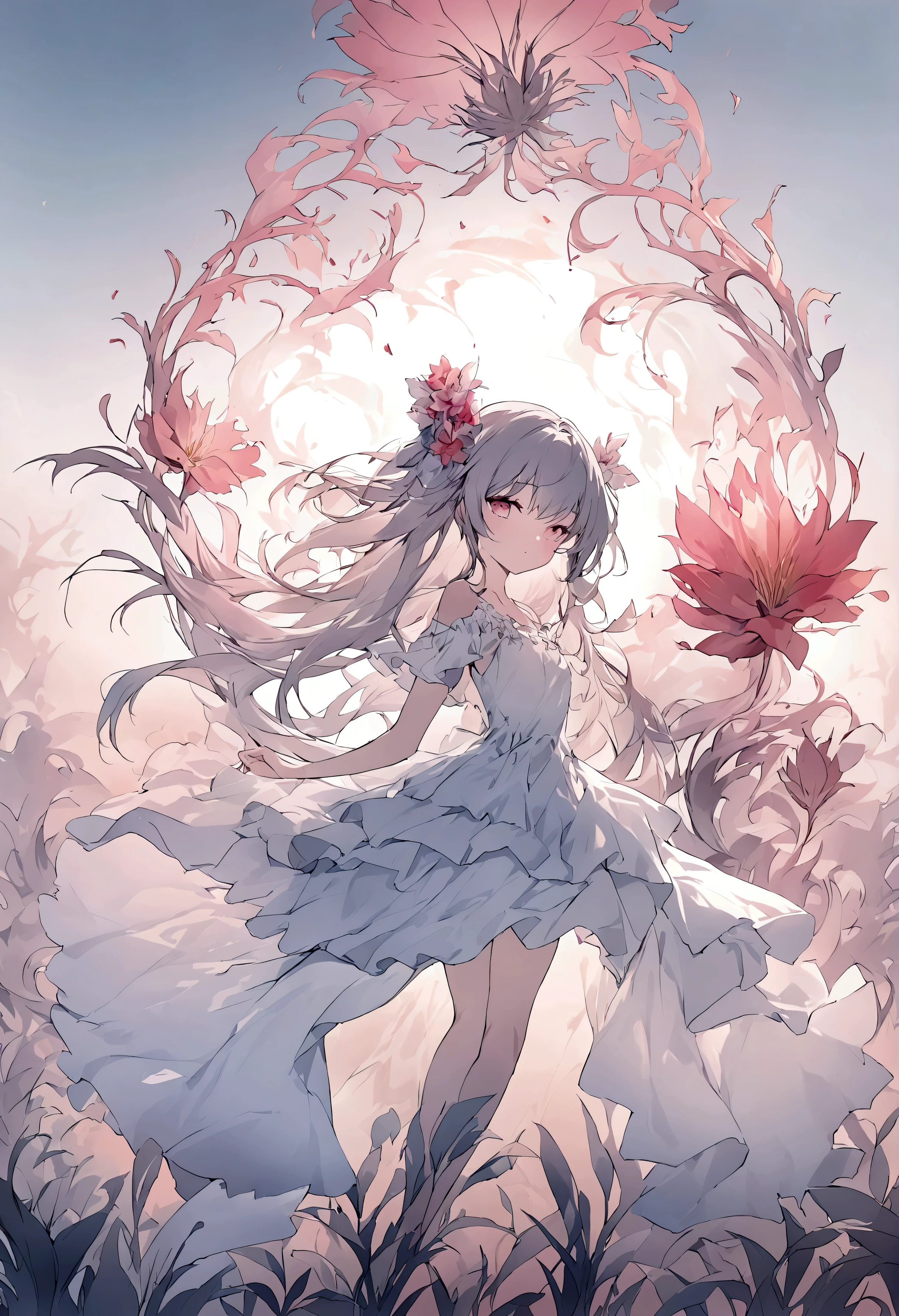 1 Girl,flower, Platycodon ,Light pink and light blue style, Dreamy and romantic composition, light pink, ethereal foliage, Interesting arrangement,fantasy, High contrast, Brushstrokes, explode, Overexposure, Impression of purple with red tones , Abstract, ((John Burkey (John Berkey) and Jeremy Mann (Jeremy Mann) Watercolor )) Brushstrokes, Negative Space,