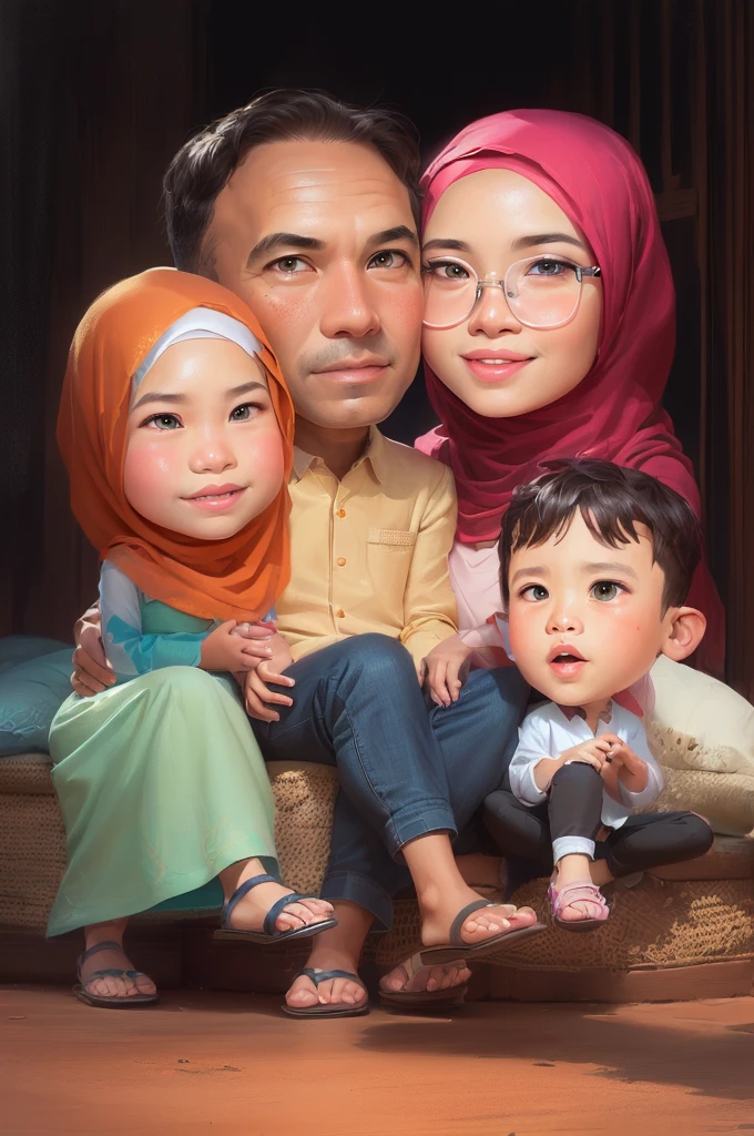 arafed family portrait with a father and a mother hijab and two children, Women wear hijab, and Muslim clothing, Wearing shoes and sandals, cartoon digital art, cartoon artstyle, digital art cartoon, in cartoon style, realism artstyle, cartoon art style, cartoon art, potrait, cartoon digital painting, caricature illustration, cartoon style illustration, an indonesian family portrait, happy family, digital cartoon painting art, cartoon portrait, family portrait