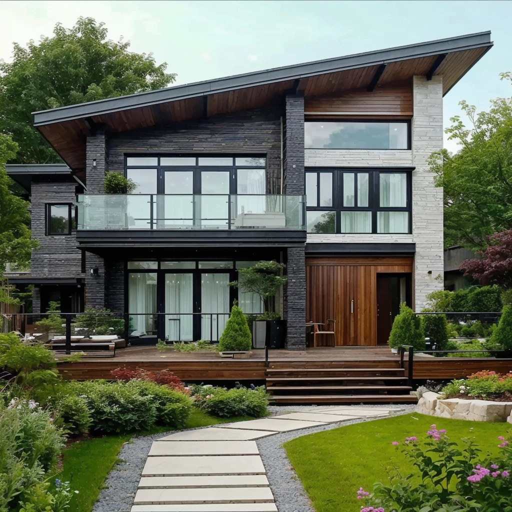 arafed house with a walkway and a garden in front of it, modern house in the wood, beatiful house, exterior design, modern house, rich house, contemporary house, urban house, modern style, in style of ultra realistic, beautifully detailed, arhitectural shot, beautiful architecture, large modern residence, stunning architecture, vivid and detailed