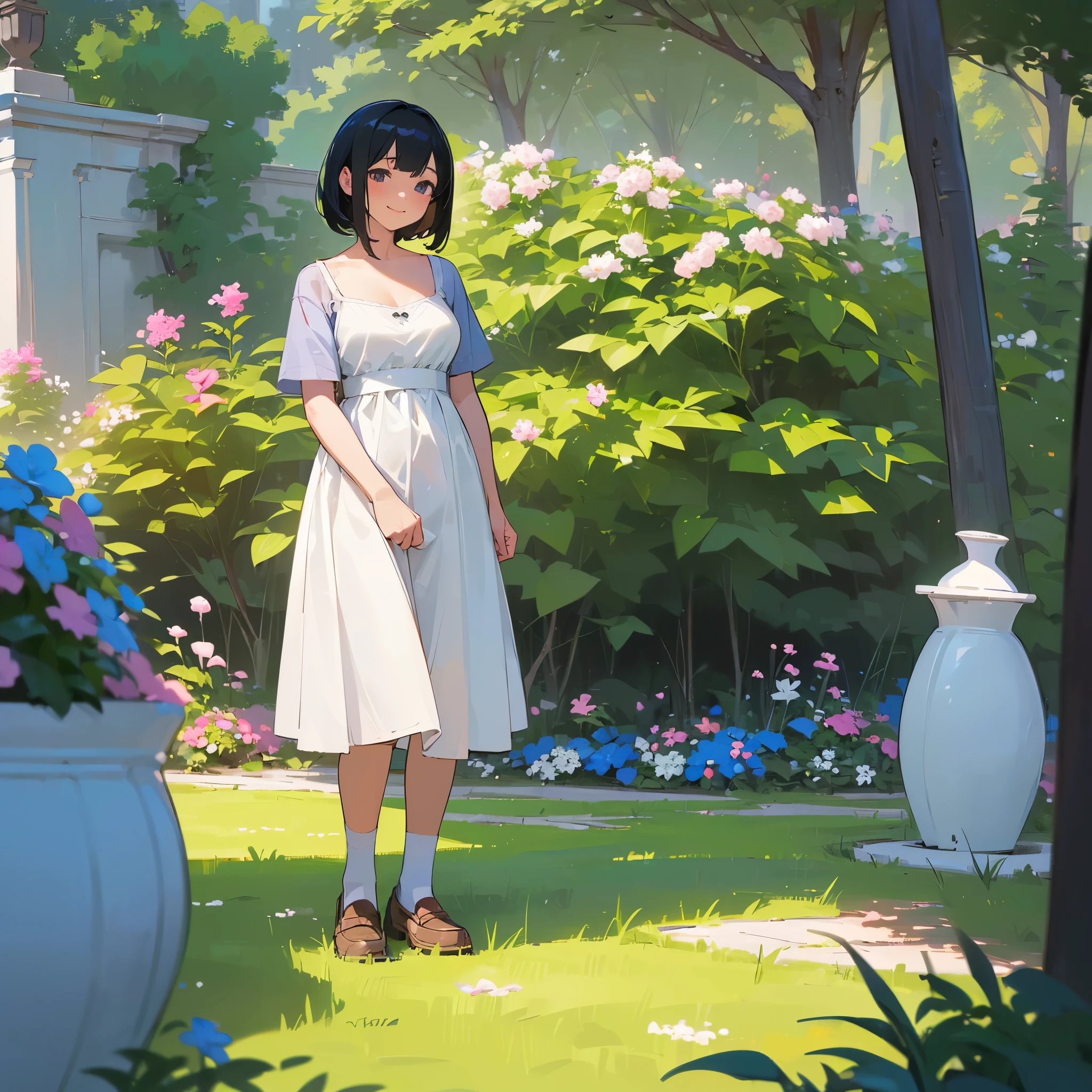 (high quality, High resolution, Very detailed, reality:1.37), Peaceful atmosphere, (Outdoor, garden), Teenage girl standing alone, (my breasts are big.), Beautiful details, Cute Smile, (Black bob hair), White camisole dress, White socks, loafers.