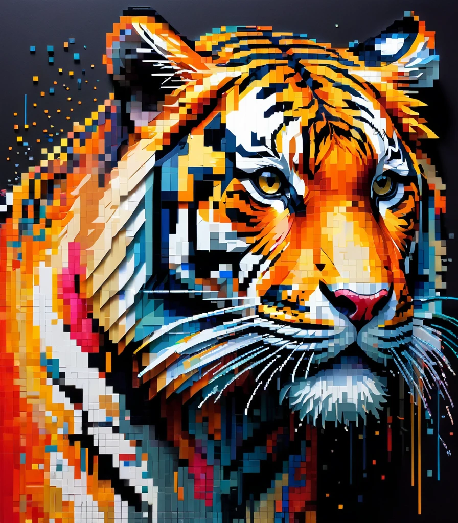 pixel art,Thai artist Thawan Duchanee uses brightly colored brush strokes to create a 3D pixelated portrait of a roaring tiger..