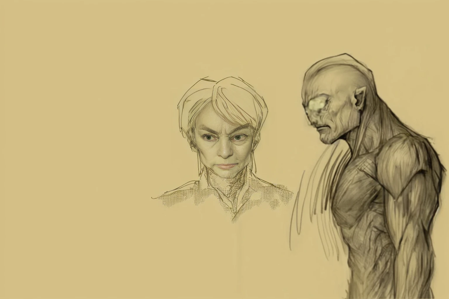 A painting，A man and a woman stand side by side in the painting,  artistic, Comic character design, unrealistic character concept, character study, figure painting, Character design sketch, realistic character concept, comic concept art, Gollum becomes a giant, facial studies, Old Sketch, Guyville style, Concept Character, Character design human figure，On the left is an adult human male，Looks honest