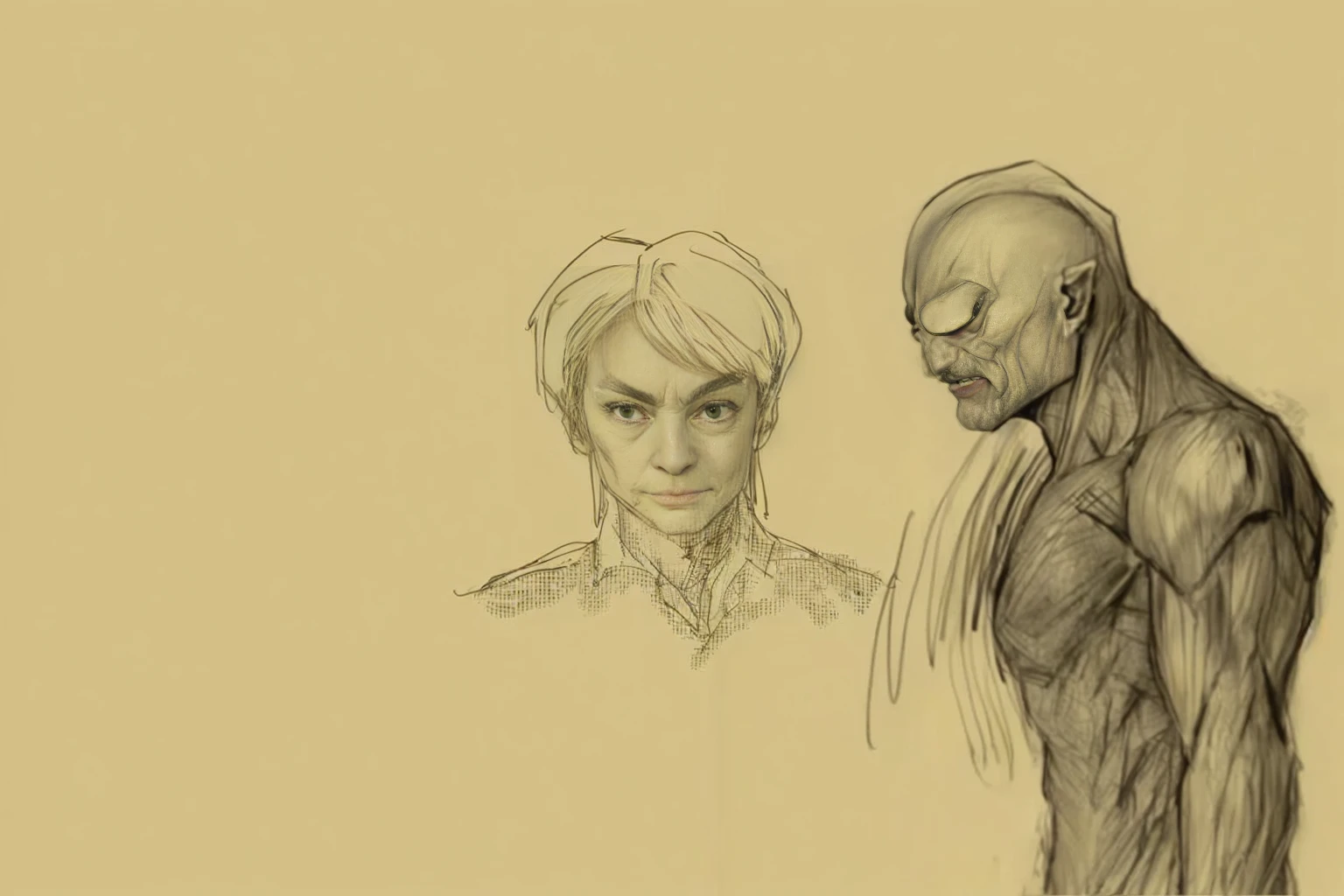 A painting,A man and a woman stand side by side in the painting, artistic, Comic character design, unrealistic character concept, character study, figure painting, Character design sketch, realistic character concept, comic concept art, Gollum becomes a giant, facial studies, Old Sketch, Guyville style, Concept Character, Character design human figure,On the left is an adult human male,Looks honest