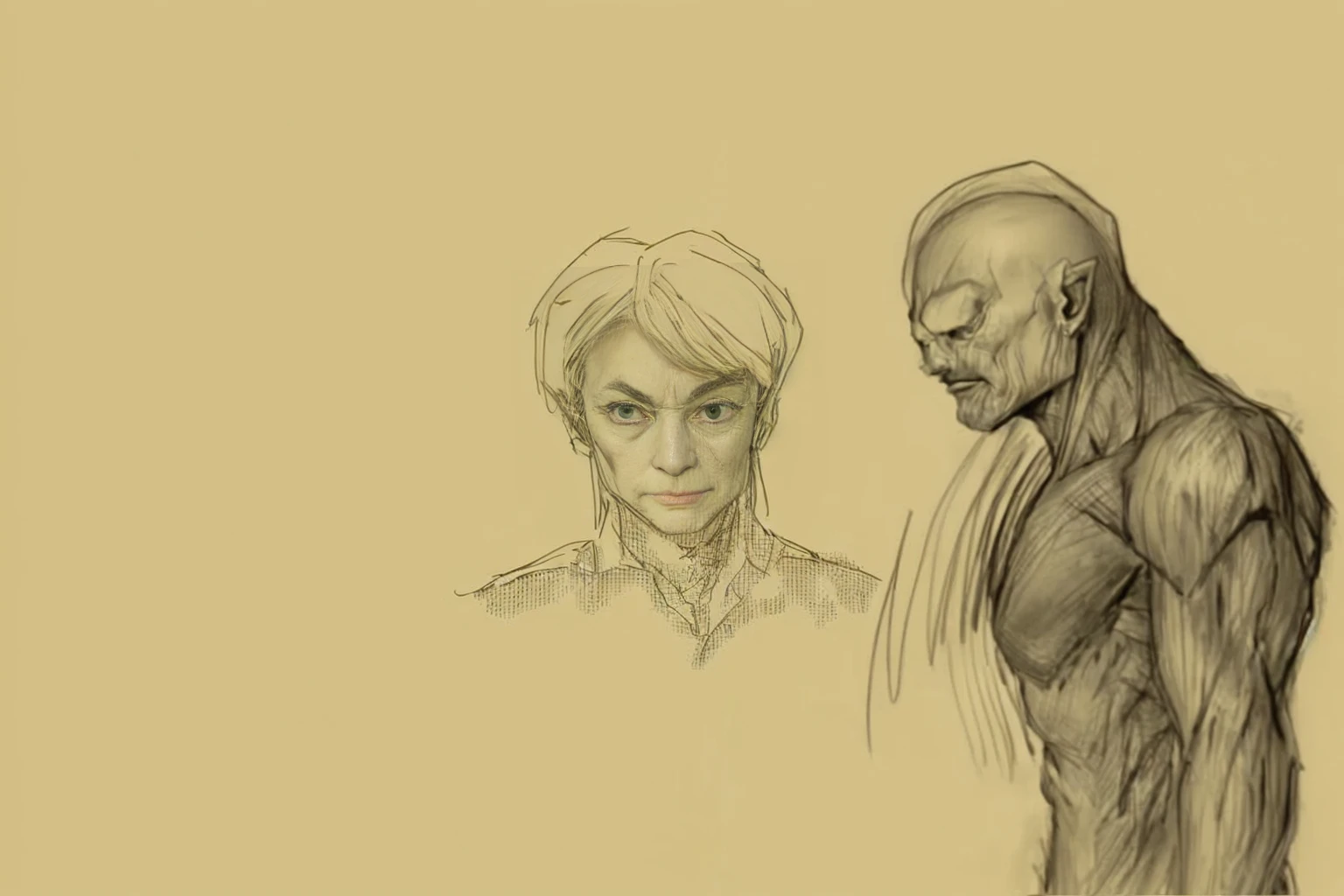 A painting,A man and a woman stand side by side in the painting, artistic, Comic character design, unrealistic character concept, character study, figure painting, Character design sketch, realistic character concept, comic concept art, Gollum becomes a giant, facial studies, Old Sketch, Guyville style, Concept Character, Character design human figure,On the left is an adult human male,Looks honest