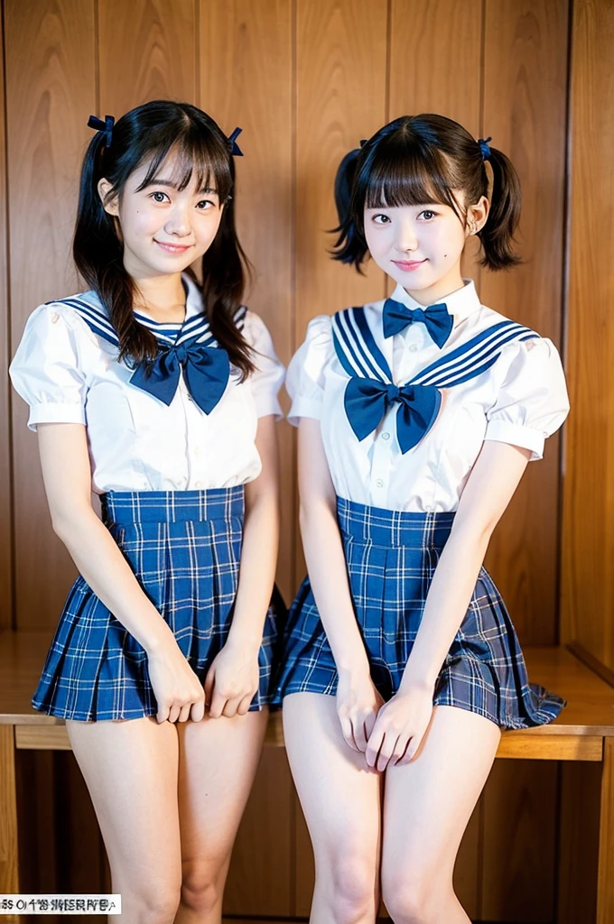 2 girls standing in wooden school classroom,short-sleeved white sailor leotard with blue frills,plaid bow tie,18-year-old,bangs,a little smile,large bare thighs,knees,spreading legs apart,short hair with low pigtails,from before,front light