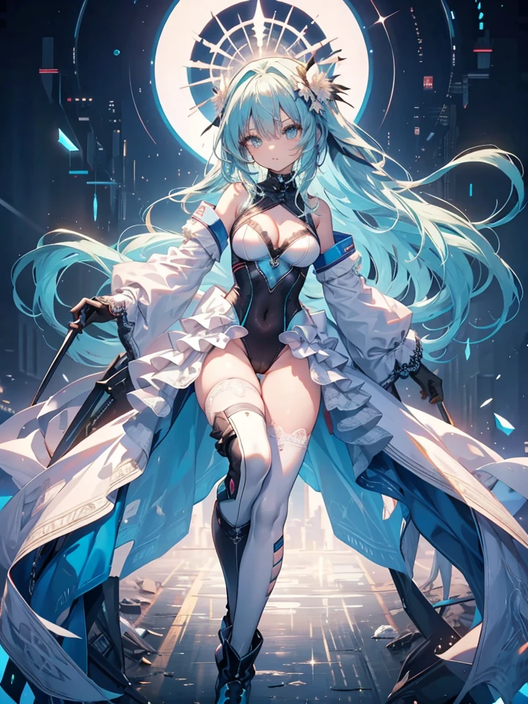 ,race_queen,ager,glamor,long hair,straight_hair,aqua eyes,,bright_pupils,medium breasts,cleavage,slender_waist,athletic_leotard,white_bodystocking,layered,lace,frilled,,ankle_boots,elbow_gloves,