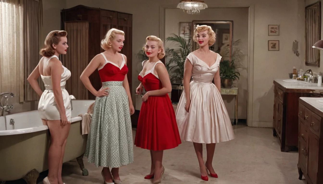 (RAW, Best quality, high resolution, Masterpiece: 1.3), Beautiful scene from the 1950s, ((Hombres y mujeres de los 50s)), ((With typical clothes from the 50s)), enjoying themselves at home in a luxuary bathroom, ((scenery set in a very big bathroom)), 1950s cinematic, image super defined, ((Personas y lugar Hiperrealismo)), 8k. The scene transports us back to the era of the 1950s, filled with classy women dressed in the fashion of that time. white silk, They are gathered around a nude blonde woman,the girls are wearing typical clothes from the 50s, low cut dresses, and sexy red underwear,