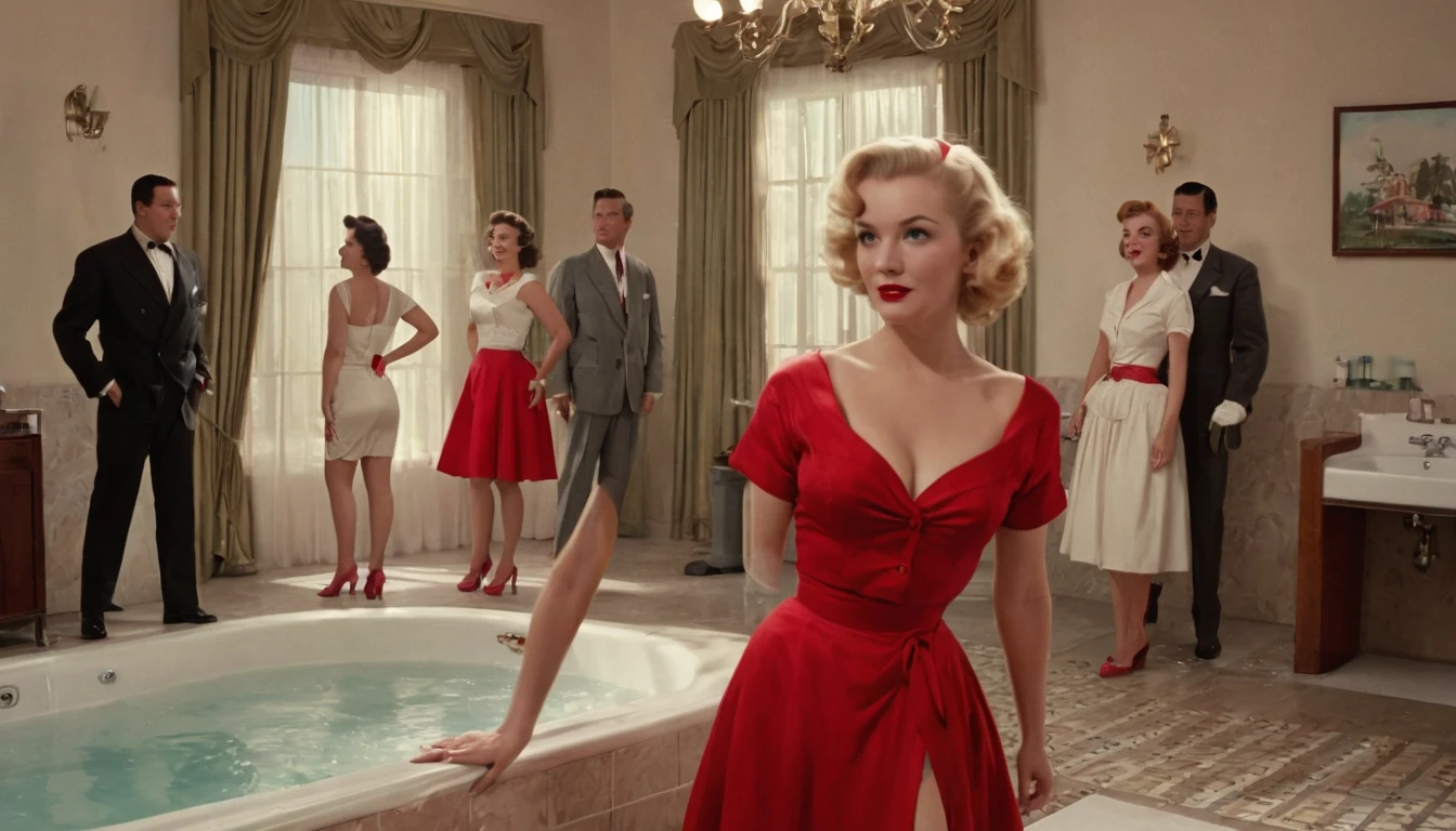 (RAW, Best quality, high resolution, Masterpiece: 1.3), Beautiful scene from the 1950s, ((Hombres y mujeres de los 50s)), ((With typical clothes from the 50s)), enjoying themselves at home in a luxuary bathroom, ((scenery set in a very big bathroom)), 1950s cinematic, image super defined, ((Personas y lugar Hiperrealismo)), 8k. The scene transports us back to the era of the 1950s, filled with classy women dressed in the fashion of that time. white silk, They are gathered around a nude blonde woman,the girls are wearing typical clothes from the 50s, low cut dresses, and sexy red underwear,