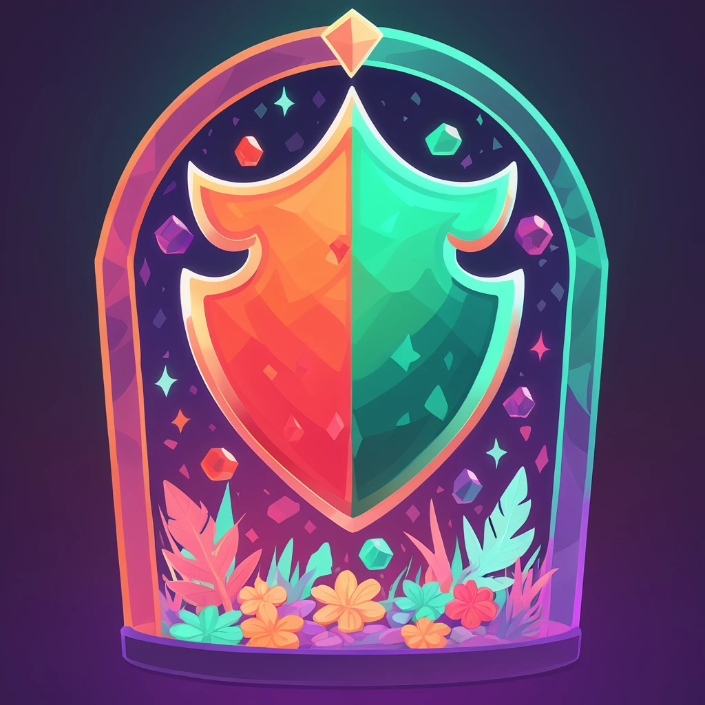 Cursed Shield with teal green orange red and purple color palette with background in terrarium art style