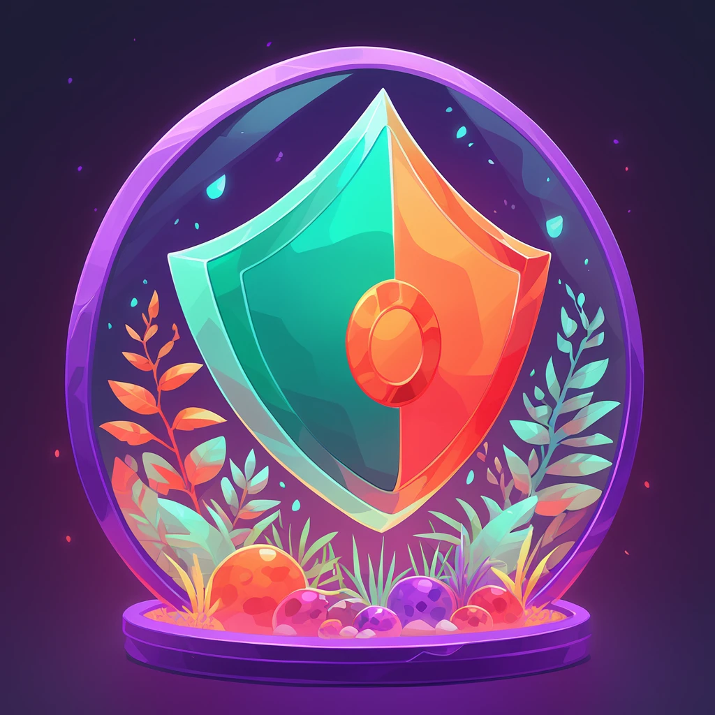 Cursed Shield with teal green orange red and purple color palette with background in terrarium art style