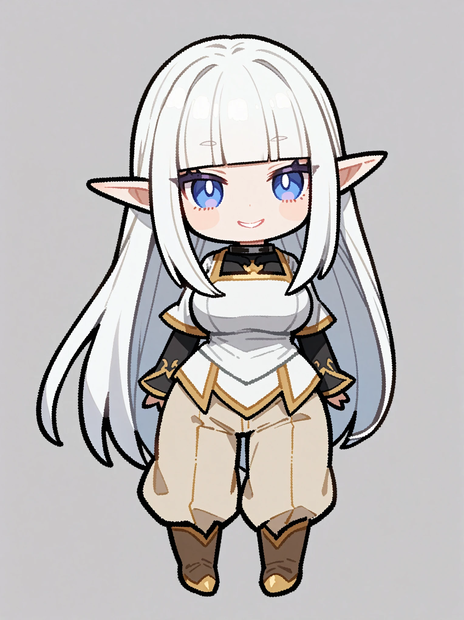 {{{kame (kamepan44231), no humans, chibi, jitome, fumo (doll)}}}, full body, 1 woman, solo, mature female, elf elegant, princess, pointy ears, blue eyes, long hair, straight hair, white hair, blunt bangs, lips, large breasts, happy, white tabard, gold trim, black collar, black undershirt, beige trousers, leather boots, facing viewer, simple background, blank background, medieval fantasy.
