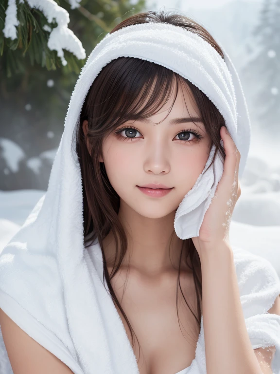 one girl, (a beauty girl, delicate girl:1.3), (24-years-old:1.3),
break, (Wrap a towel around your head:1.3),Raise your arms high、
break, Very fine grain definition, (Symmetrical eyes:1.3),
break, (Hot spring with snowy scenery:1.3),smile:1.1、High angle、
break, Small breasts, Brown eyes, Parted bangs, Brown Hair,  girl,
break, (Eye and facial details:1.0),
break, (masterpiece, highest quality, Super detailed, Detailed face, 8k)