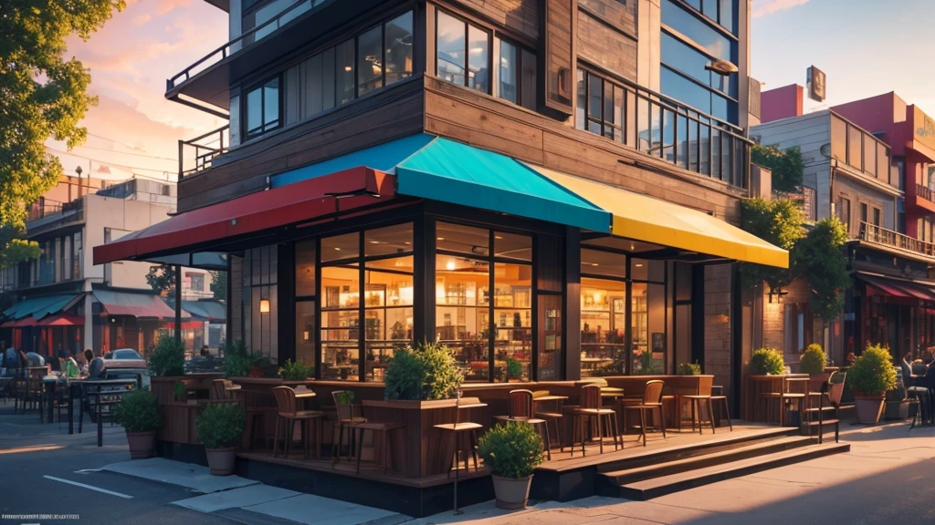 a modern and colorful restaurant exterior, vibrant colors, architectural design, glass windows, metal and wood elements, outdoor seating, lush greenery, sunset lighting, photorealistic, 8k, best quality, extremely detailed, cinematic composition