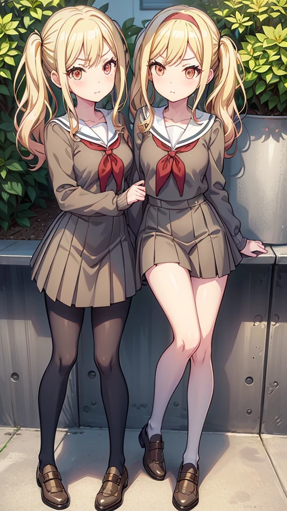 masterpiece, best quality, highres, (Conjoined_dicephalus), (2 heads:1.2), two heads, (1 body:1.5), 2 girl, solo, 2 legs, 2 arms, conjoined twins, ichigaya arisa, twintails, x hair ornament, , pleated dress, pantyhose, tenmasaki, shirt, long sleeves, twintails , sidelocks, pleated skirt, hairband, serafuku, sailor collar, side ponytail, sweater, neckerchief, eyelashes, buttons, swept bangs, wavy hair, red neckerchief,  grey skirt, white sailor collar, orange bow, angry, fighting, cowbow shot, outdoors, school