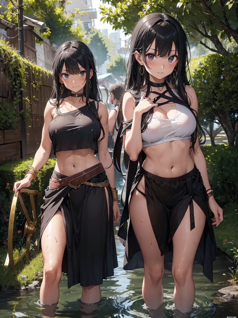 a group of young greek warriors cute girls in togass , weaty body, slim body, wet body, sexy ,earrings, jewelry, black hair, hoop earrings, long hair, breasts, wet clothes, wet body, sexy,