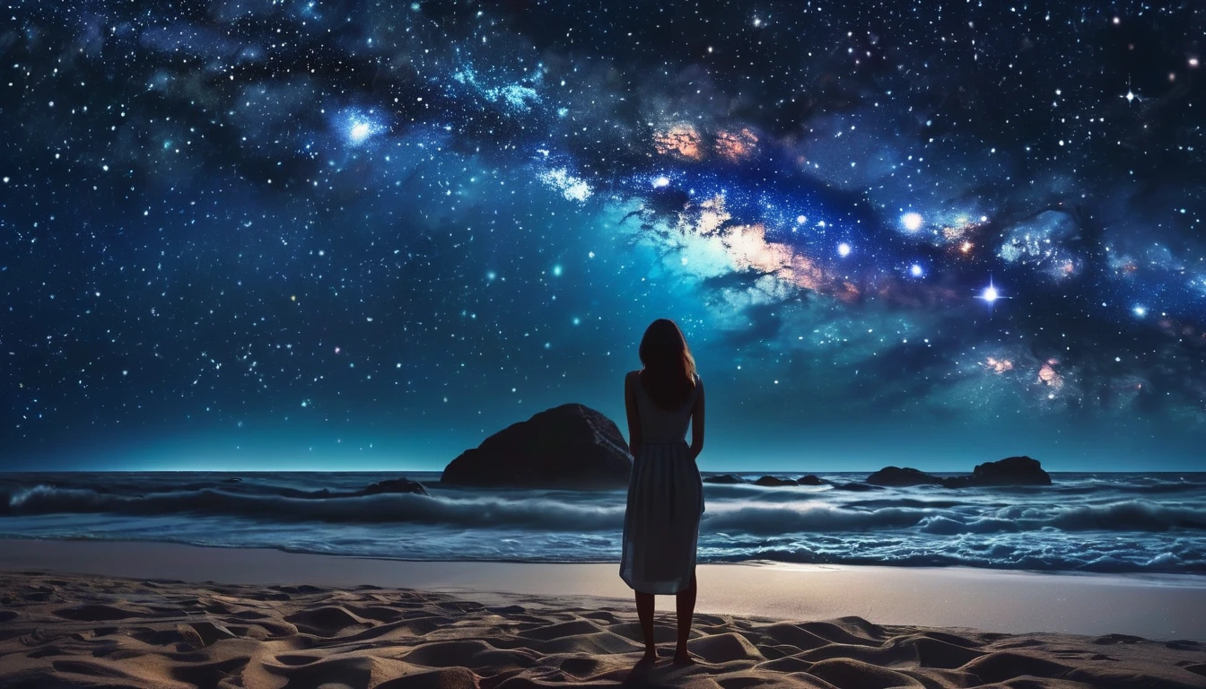 starry night sky with a woman standing on the beach, girl looks at the space, looking out into the cosmos, looking at the stars, looking up at the stars, looking to stars, looking at the sky, lost in the immensity of space, on a galaxy looking background, endless cosmos in the background, looking out into space, watching the stars at night