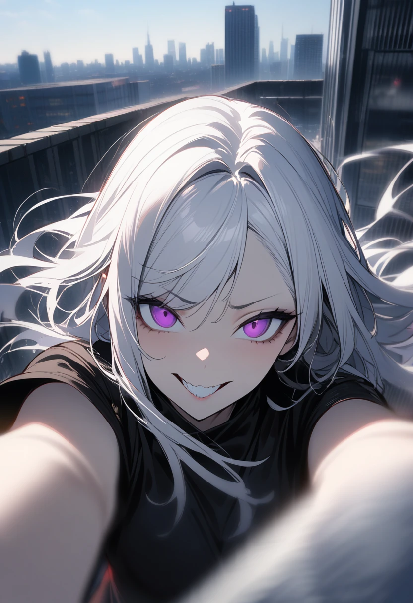 1 female, alone, 超skyscraperの屋上に立つ女性, woman taking a Selfie on the roof of a building, (Selfie:1.3), fear, Pale face, Wicked Smile, Disorganized, Strong winds, Motion Blur , Speed Line, skyscraper, high quality, High detail,White Hair,Purple Eyes

