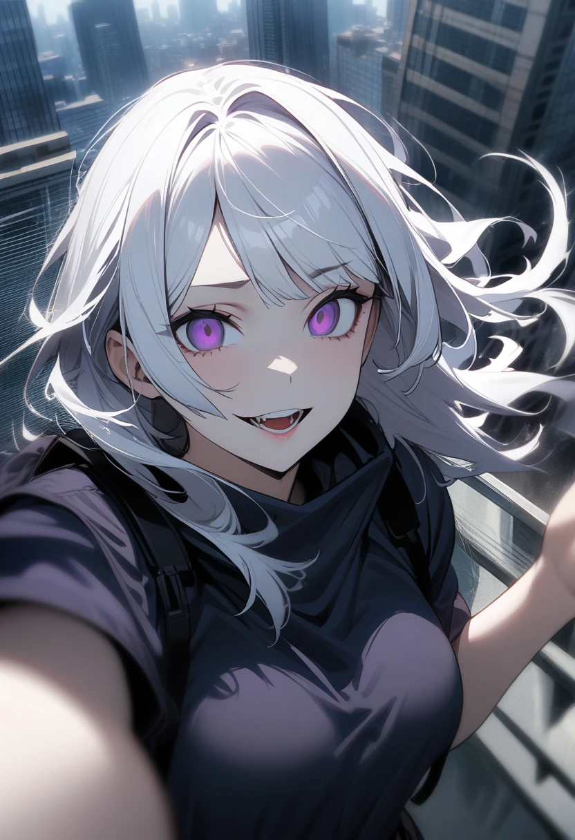 1 female, alone, 超skyscraperの屋上に立つ女性, woman taking a Selfie on the roof of a building, (Selfie:1.3), fear, Pale face, Wicked Smile, Disorganized, Strong winds, Motion Blur , Speed Line, skyscraper, high quality, High detail,White Hair,Purple Eyes
