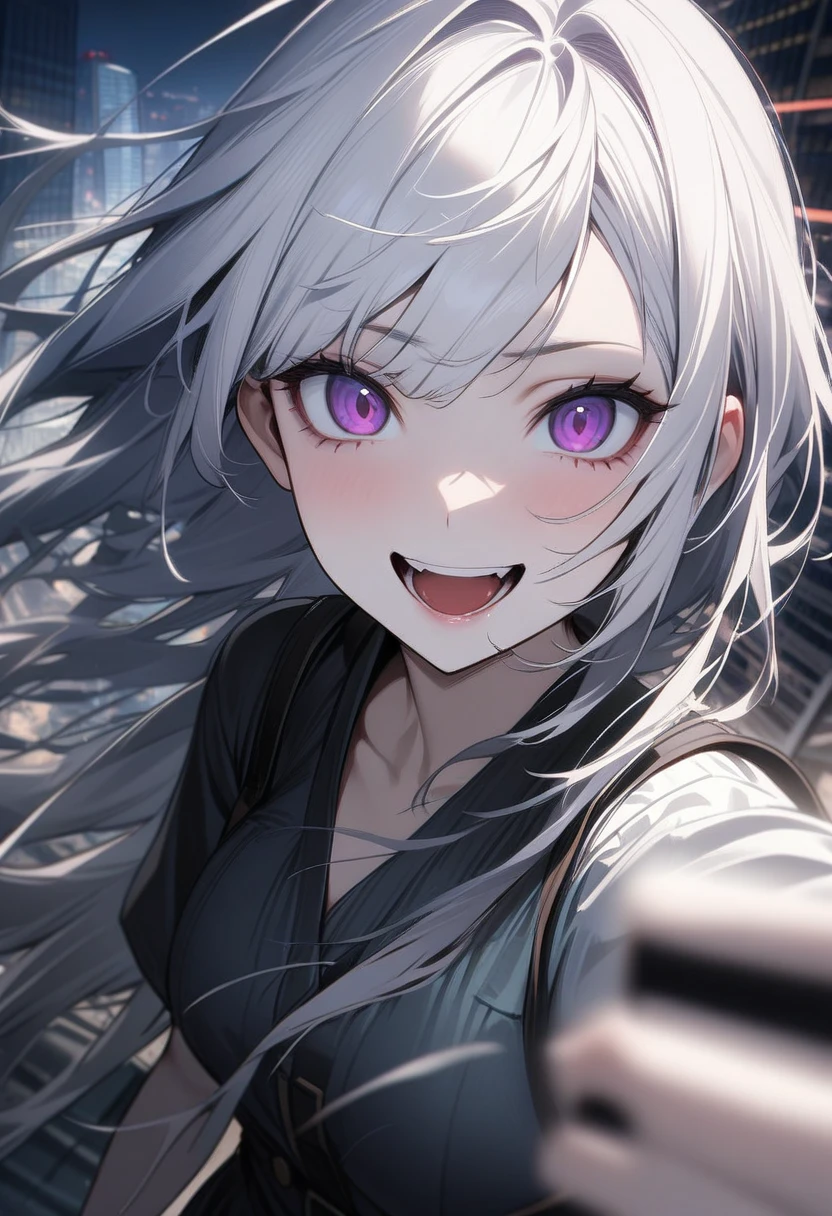 1 female, alone, 超skyscraperの屋上に立つ女性, woman taking a Selfie on the roof of a building, (Selfie:1.3), fear, Pale face, Wicked Smile, Disorganized, Strong winds, Motion Blur , Speed Line, skyscraper, high quality, High detail,White Hair,Purple Eyes
