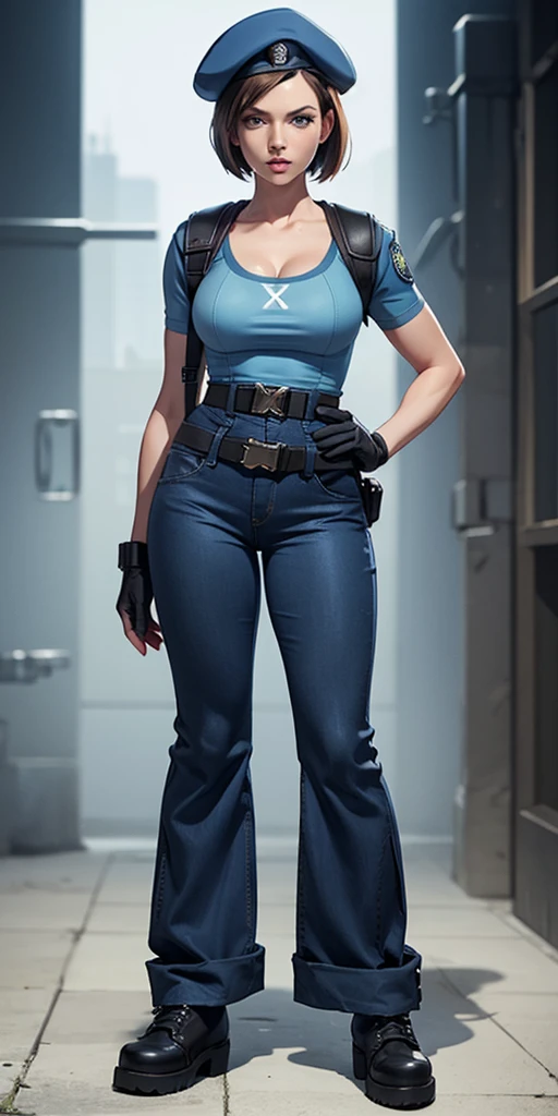 Jill Valentine, masterpiece, best quality, 1girl, solo, standing, jillre1, beret, uniform, shoulder pads, short sleeves, harness, belt, bell-bottom blue pants(Wide flares on pants:1.2), cleavage, black combat boots, full body, perfect blue eyes, perfect red mouth,