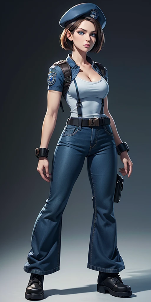 Jill Valentine, masterpiece, best quality, 1girl, solo, standing, jillre1, beret, uniform, shoulder pads, short sleeves, harness, belt, bell-bottom blue pants(Wide flares on pants:1.2), cleavage, black combat boots, full body, perfect blue eyes, perfect red mouth,